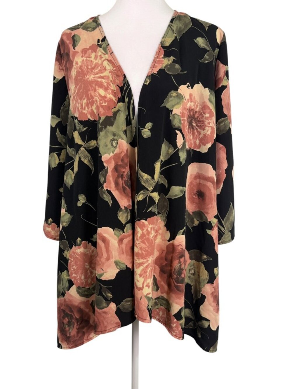 Honeyme Floral Open Front Kimono Cardigan Blush Black Boho Duster Small - Picture 2 of 9